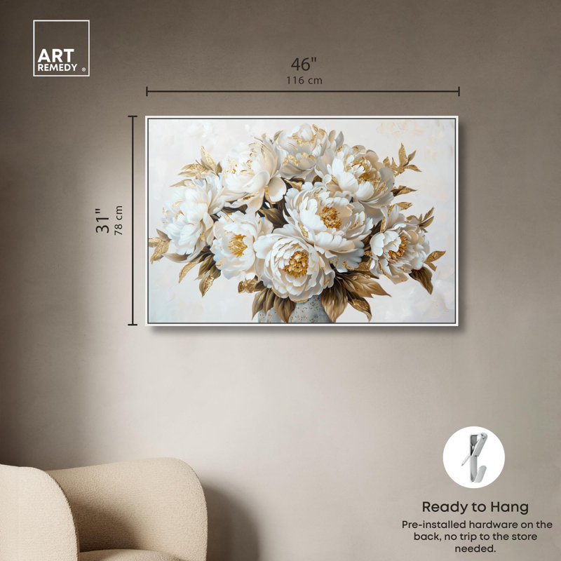 Art floral sur toile, Cadre blanc, H 31 po x l 46 po x P 1,8 po