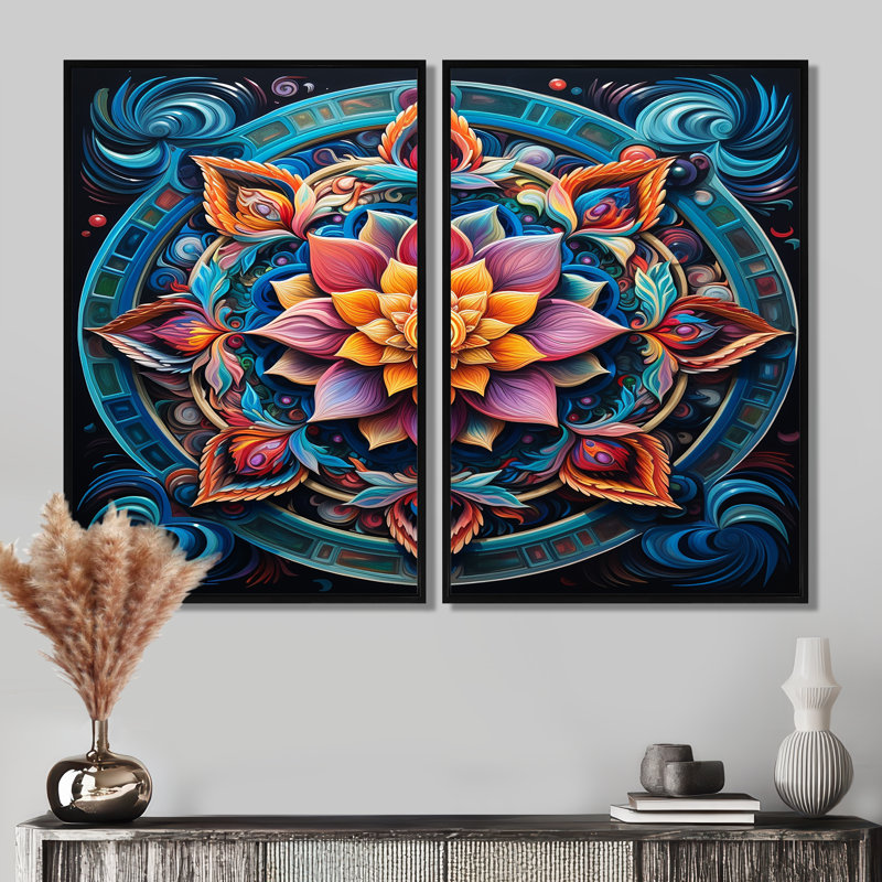 Mandala antique antique coloré V - impressions d'art traditionnelles sur toile, H 36 po x l 48 po, Noir