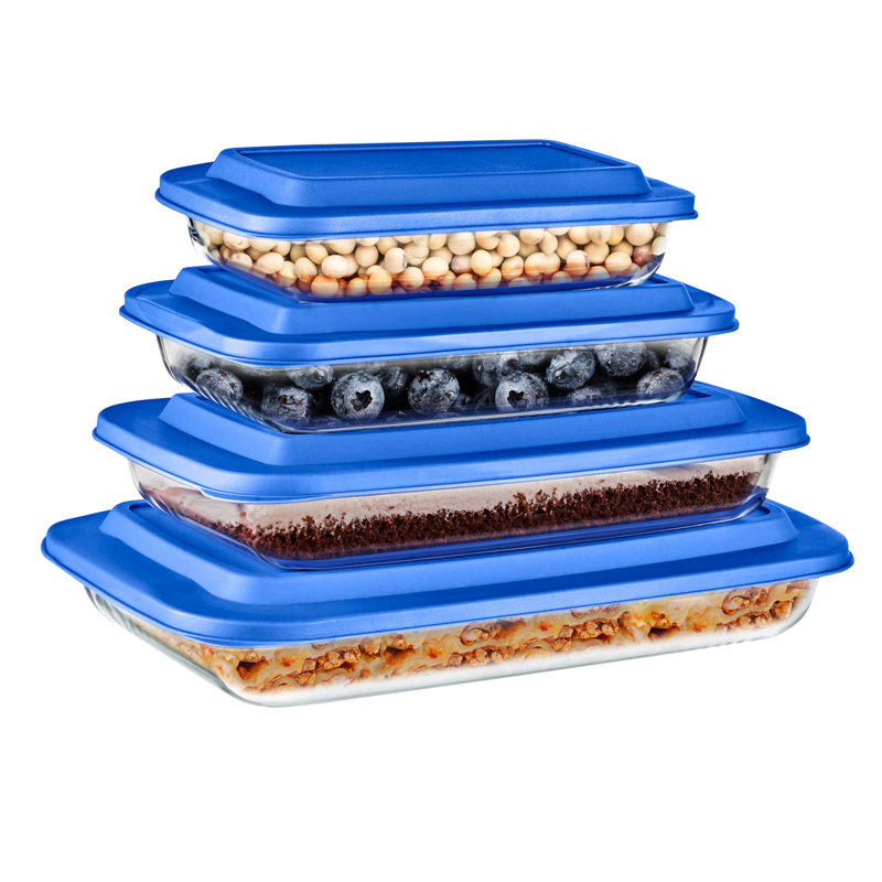 4 Sets Of High Borosilicate Rectangular Glass Bakeware Set With PE Lid, Blue