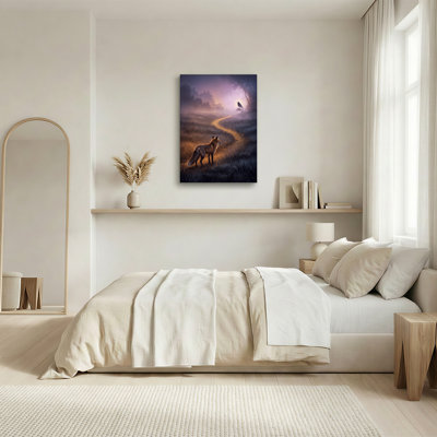 Art sur toile, renard debout sur un sentier brumeux