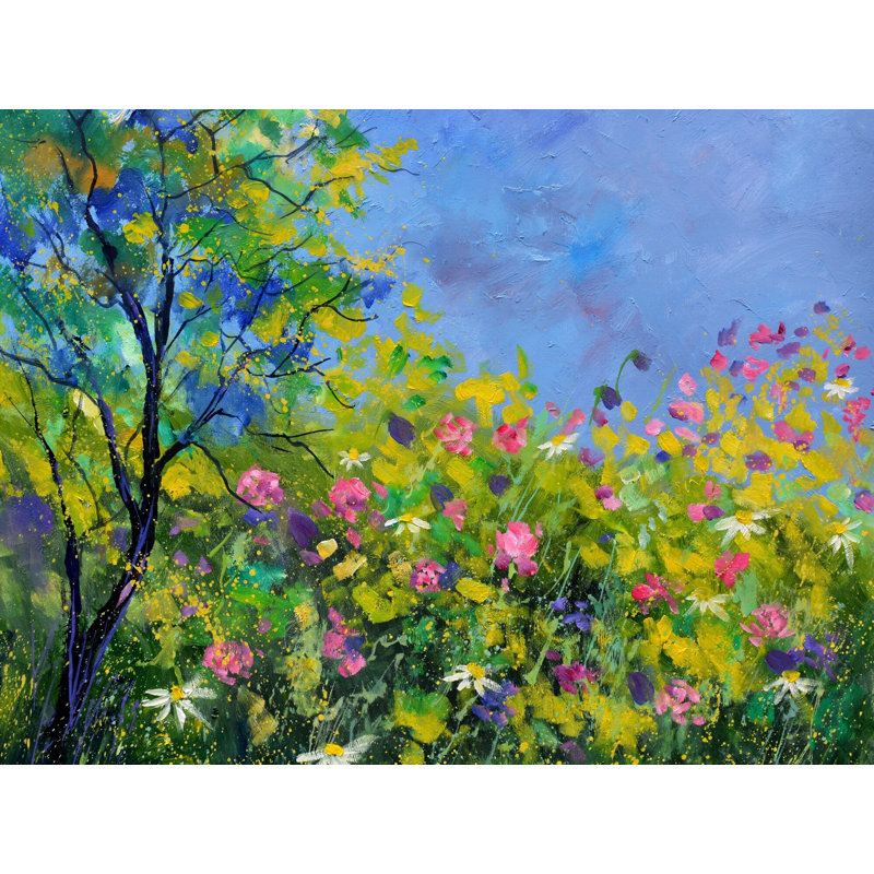 Fleurs roses par Pol Ledent - Peinture, H 24 po x l 32 po, Toile tendue