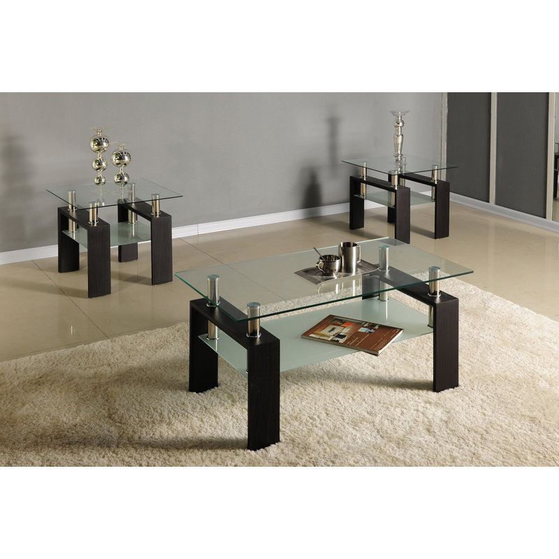 Ensemble de tables basses 3 pièces en verre avec 2 tables de bout, ensemble de table de salon moderne en bois chromé et noir avec tablette de rangement