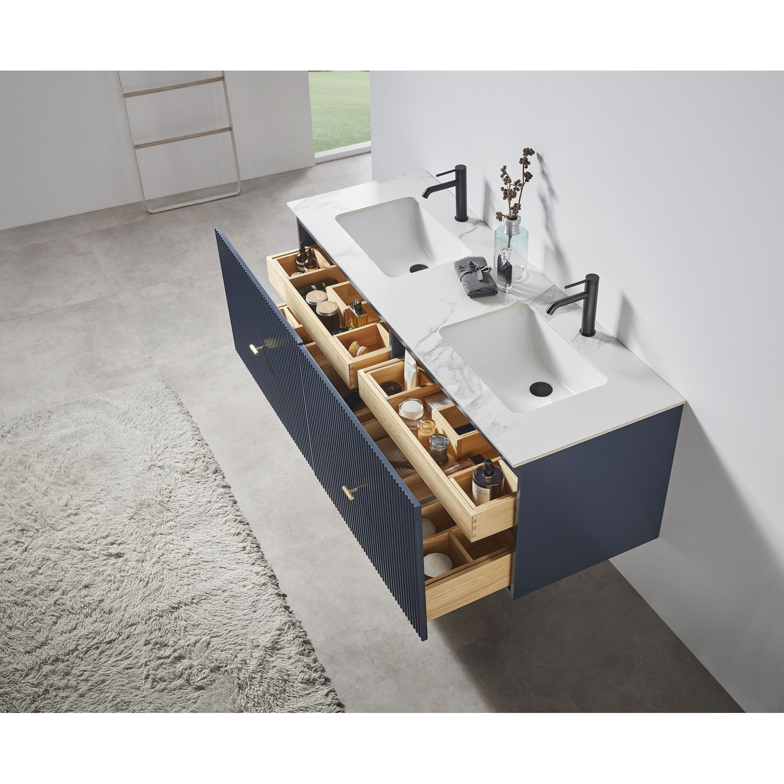 Jamell 60'' Double Bathroom Vanity, Dark Blue, White