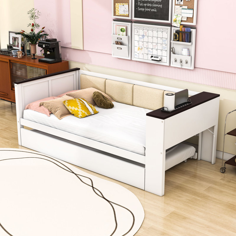 Wooden Frame Daybed with USB and Trundle and Storage, Twin