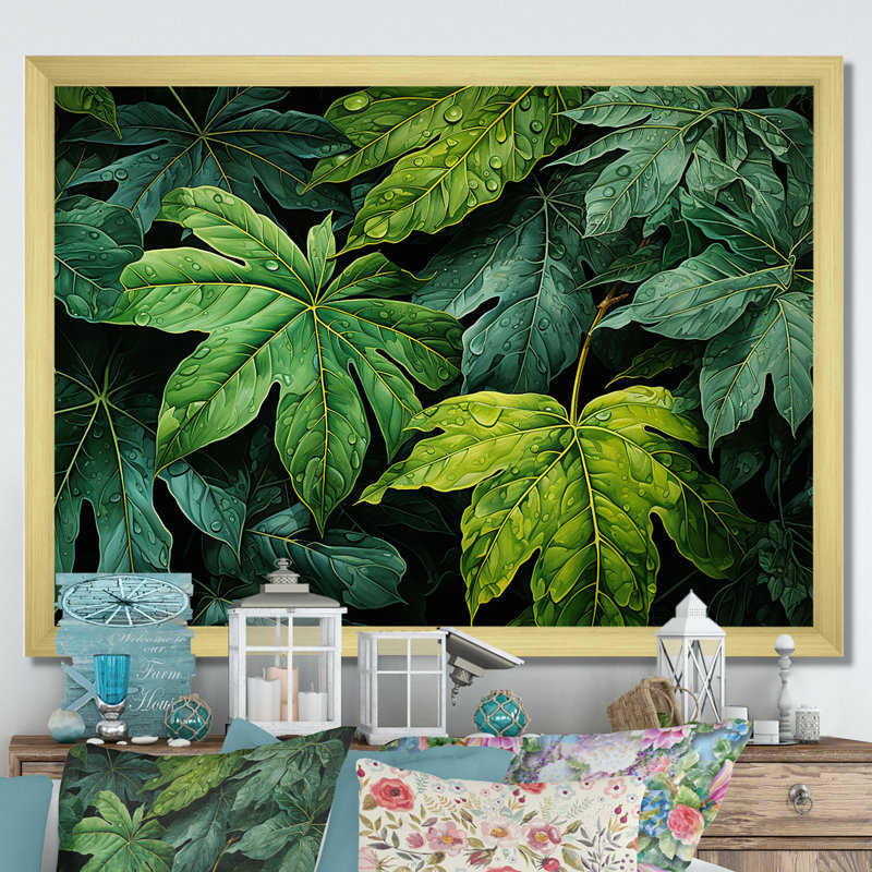 Toile émeraude, forêt tropicale, feuilles I sur toile, H 34 po x l 44 po x P 1,5 po, Cadre doré simple
