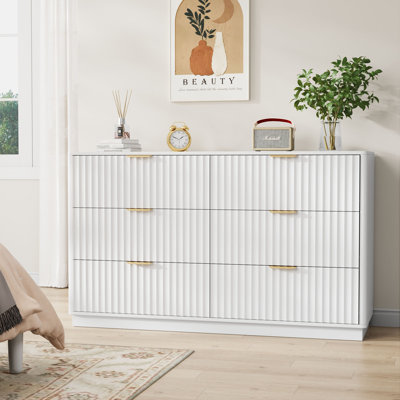 Commode à 6 tiroirs, commode double en bois 54 po pour chambre à coucher