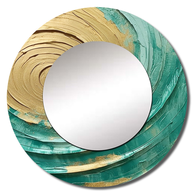 Bleu sarcelle or surréel spirales III - abstrait spirales murales, miroir rond bleu sarcelle, art imprimé, 23 po x 23 po