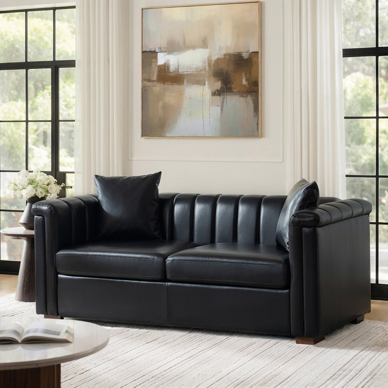 Canapé Fernando moderne de 180 cm de large en similicuir capitonné avec coussins, Black