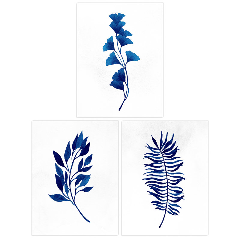 Simple Elegant Flower Plant Leaf Foliage Cobalt Blue Watercolour - 3 Piece No Frame Print Set, 40.5cm H x 30.5cm W x 0.3cm D