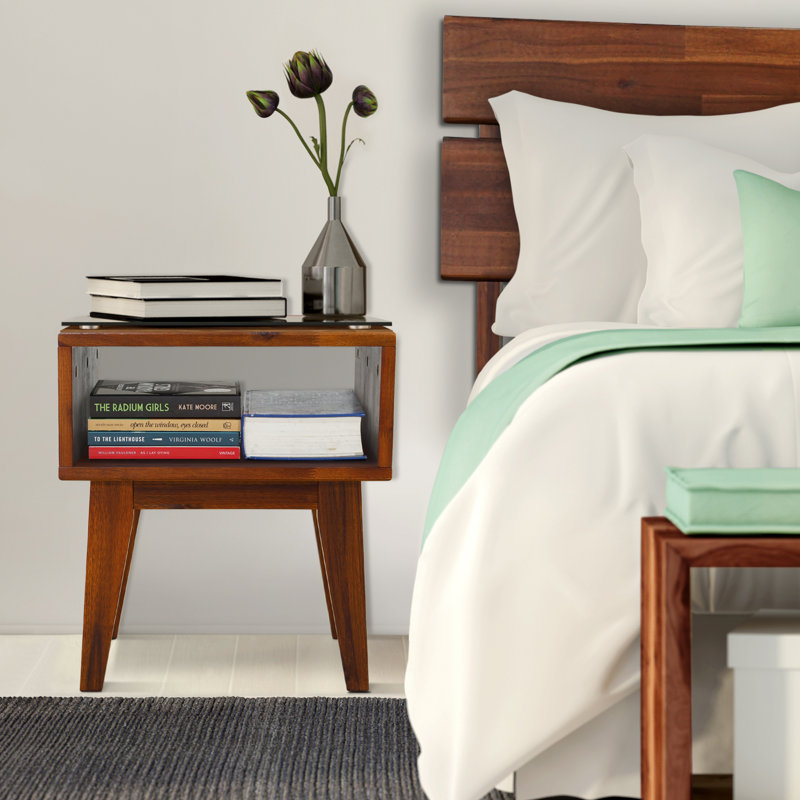 Acacia Jhasir Solid Wood Nightstand, Mid Century Modern Side Table Bedroom with Storage, Chocolate