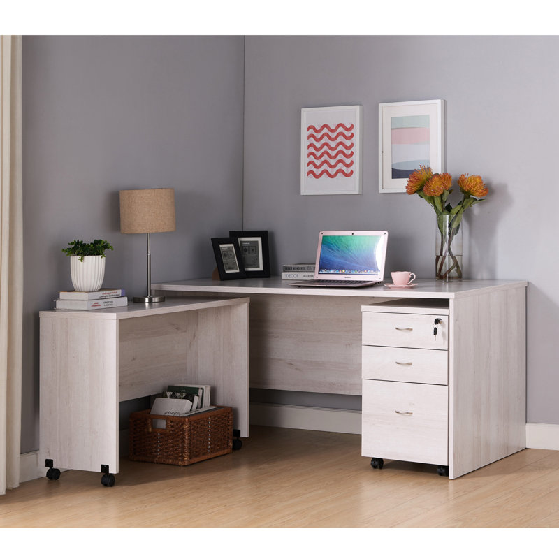 Bureau mobile en chêne blanc de style Mid-Century avec système de verrouillage à l'arrière et quatre roulettes mobiles. Finition arrière.