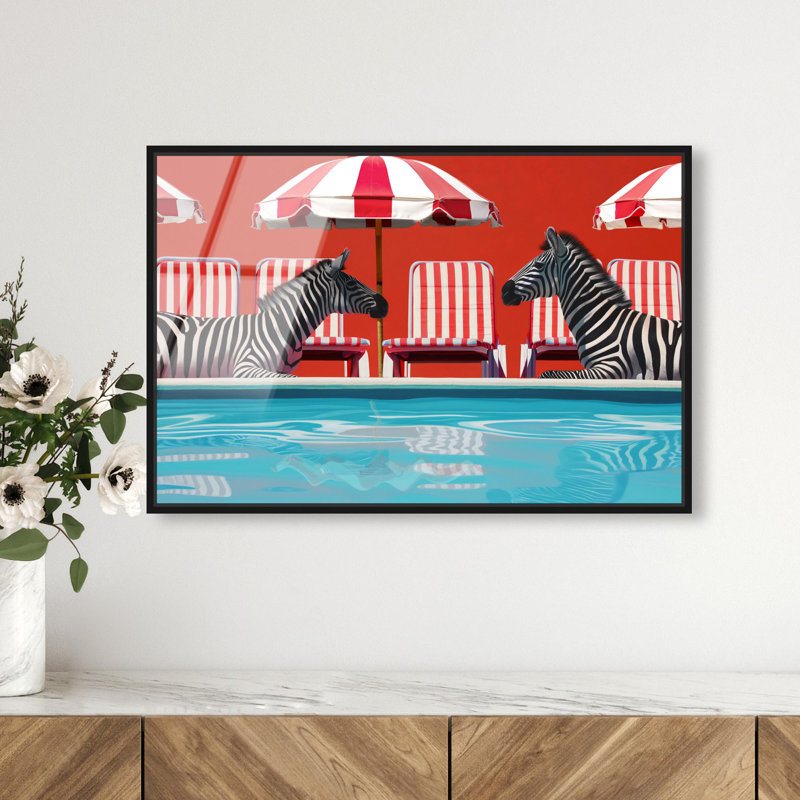 Oliver Gal Zebras Sunbathing Red Fashion & Animals - Framed Acrylic Glass Wall Art, 16" H x 24" W, Black