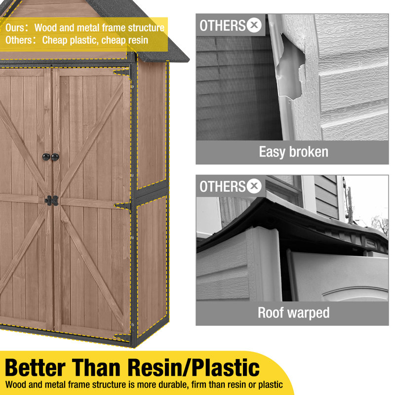 Dark Brown Fir Wood Outdoor Storage Shed with Shelving
