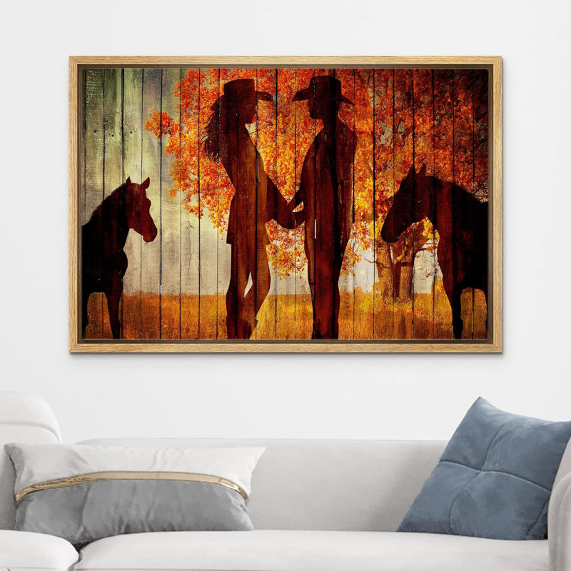 Art campagnard avec une silhouette de cheval, Cadre naturel flottant, H 24 po x l 36 po