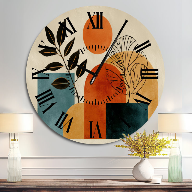 Horloge murale moderne en métal bleu et orange de style bohème minimaliste à motif géométrique - Plante, Surdimensionné