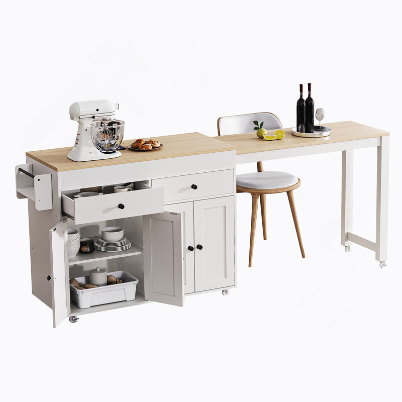 74.5 Inch Extendable Dining Table Kitchen Island With Wheels, Spice Rack, 2 Drawers, And 4 Door Cabinet For Versatile Storage And Functionality