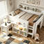 Lit mezzanine en bois avec plusieurs tablettes de rangement, bureau et DEL-129244043