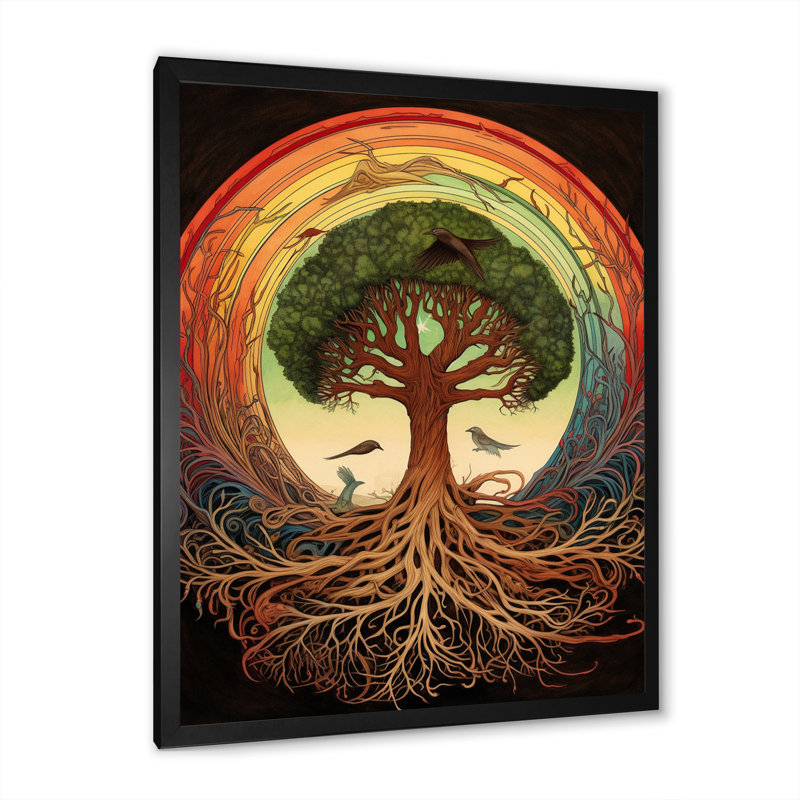Arbre de vie, illustration rétro sur toile, Cadre simple noir, H 40 po x l 30 po x P 1,5 po