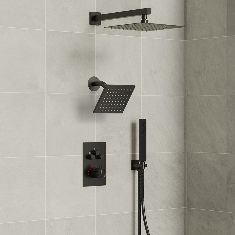 Wall Mount 12" High-Pressure Rainfall Shower Faucet, Dual Rainfall Shower Head System with Thermostatic Valve, Matte Black
