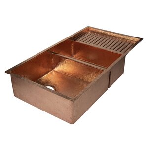 Ambiente Mexican Copper Crafts Sink 42x22" Rectangular Drop-In Double Bowl Copper Kitchen Sink - Kitchen Sink Drop in.