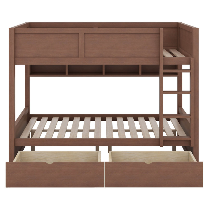 Lit double superposé au dessus d'un lit double avec 2 tiroirs, lit superposé en bois avec armoires de rangement et lumières DEL