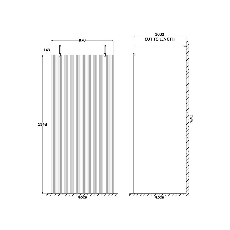 Fluted 1948mm H Frameless Wet Room Screen with Glass, 870 cm