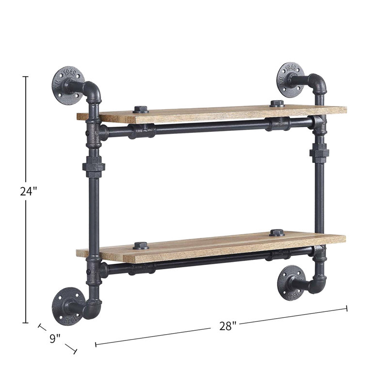 Étagère murale à 2 niveaux, tube en métal, chêne, noir sablé, conception de conduite d'eau, espace, étagère de rangement, cadre, style, espace, décor de bureau