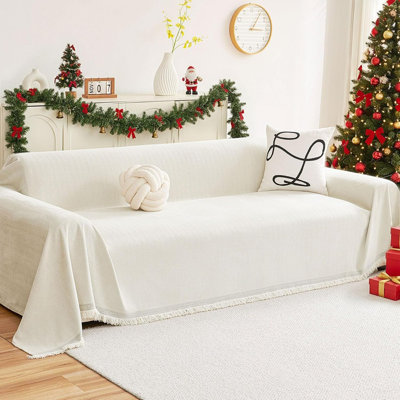 Housse de canapé en chenille avec pompons - Beige - Coussin décoratif de style bohème doux et lavable pour canapés à 3 coussins, protecteur de mobilier adapté aux animaux de compagnie
