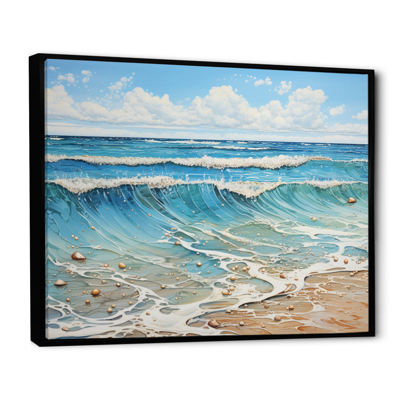 Plage, bord de mer, reflets pointillisme II - impression, H 24 po x l 32 po x P 1 po, Cadre flottant noir