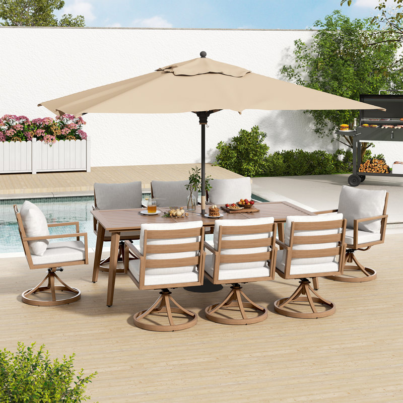 Michael 9-Piece Brown Aluminum Patio Dining Set With Rectangular Table, 8 Swivel Dining Chairs And Light Gray Cushions
