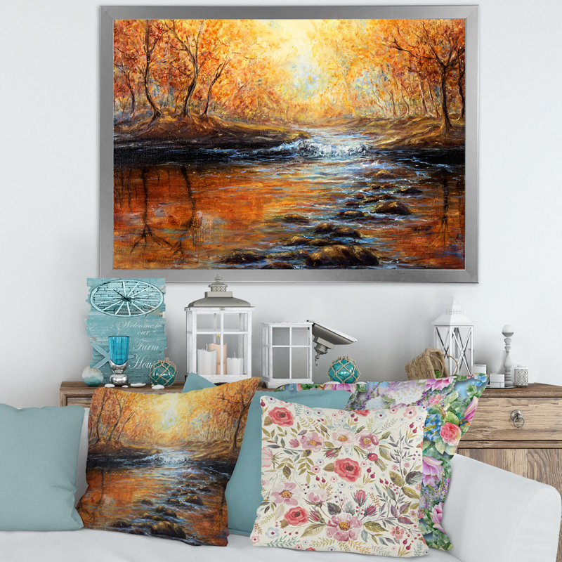 Lumière matinale dans la forêt d'automne - Peinture sur toile, Cadre photo argenté, H 30 po x l 40 po x 1,5 po