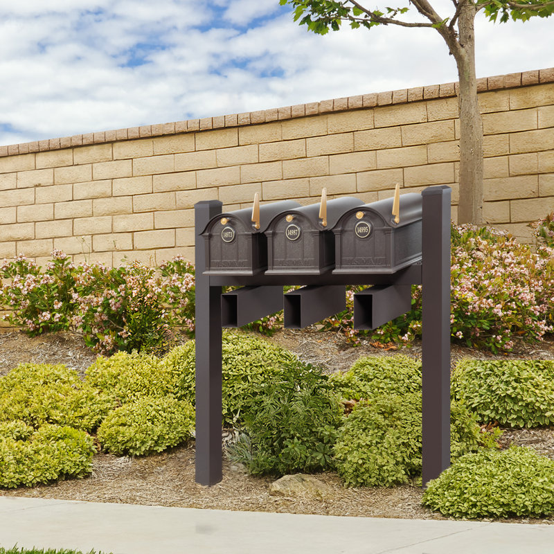 Balmoral Triple Mount Mailbox /w/ Pyramid Caps, Personalized Door Medallion, Newspaper Box (3 Mailboxes, Tri-Mount Rack, 3 Newspaper Boxes, 3 Medallions)
