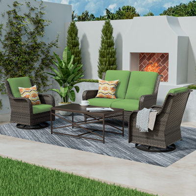 4-Pieces Wicker Outdoor Patio Furniture Set Rattan Chair Wicker Set with Green Cushion