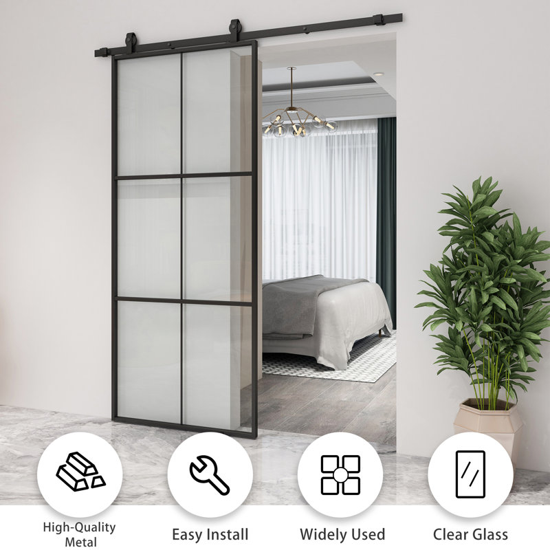 Sliding Glass Barn Door without Installation Hardware Kit, Tempered Glass, 30" x 84", Clear