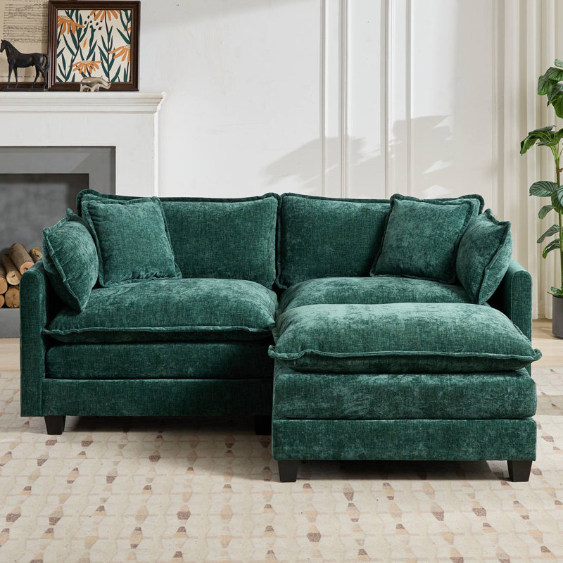 Schmucker L Shaped Modular Sectional Sofa, Oversized Cloud Couch With Ottoman, Green Chenille, 33" H x 78" W x 35" D