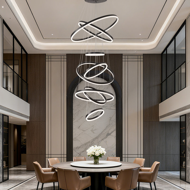 8-Rings Modern Led Chandelier Black Contemporary Dimmable Ceiling Pendant Light With Remote Control, Foyer High Ceiling Chandelier For Staircase Living Room Entryway