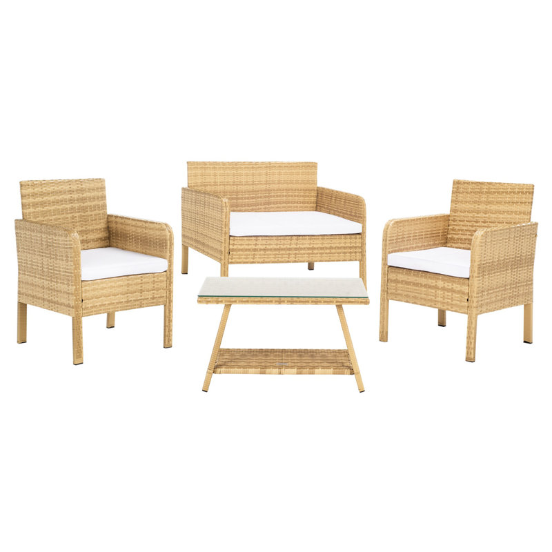 Aboka 4 - Person Patio Conversation Set with Cushions, Natural Frame/White Cushion