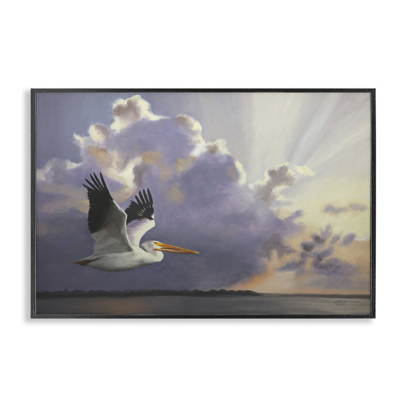 «Dawn Sunrise Pelican», estampe numérique par D. Rust, Giclée encadrée noir minuit, H 20 po x l 30 po