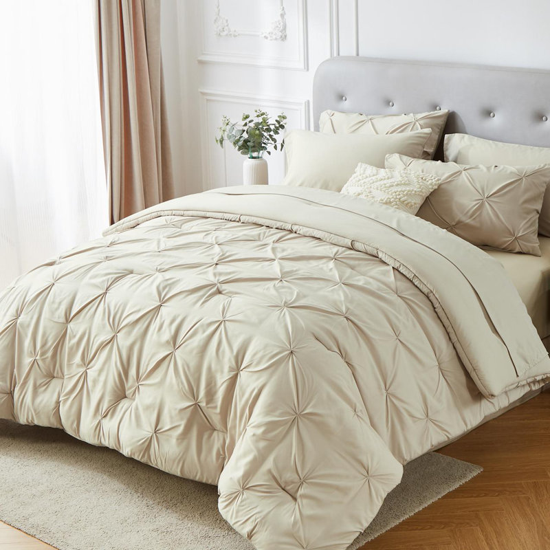 7pieces(full/queen/king)lightweight Solid Pinch Pleat Comforter Set For All Seasons, Twin(5 Pieces), Soft & Comfortable Bed In A Bag Set For Student/friends/family, A Cloud-like Sleeping Space , Spring/summer/autumn/winter, Great Gift/home Decor