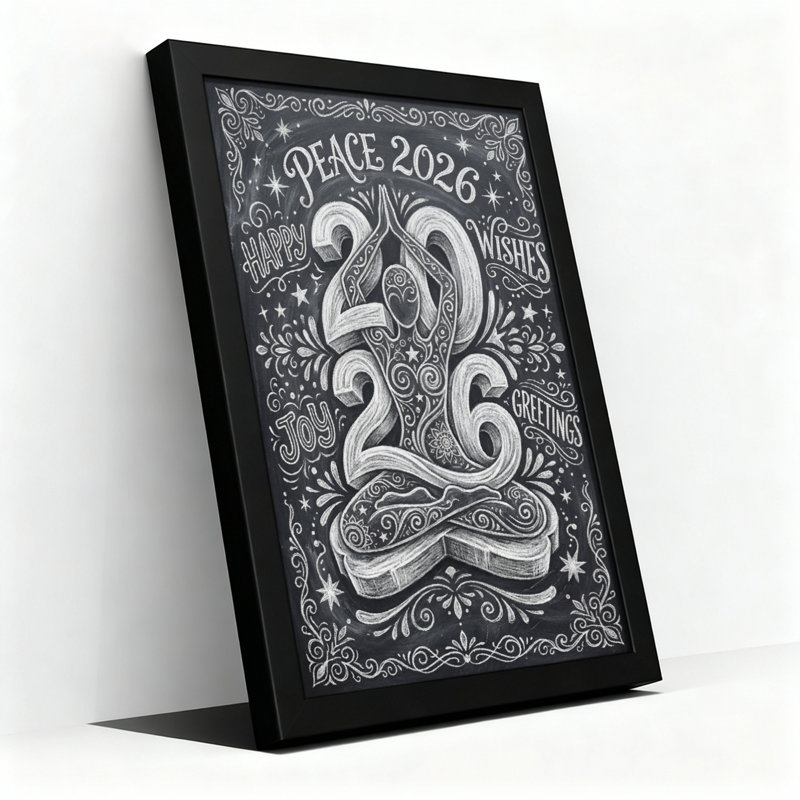 Ensemble de 1 tableau mural de style tableau noir « Paix 2026 Yoga », H 20 po x l 30 po, Noir