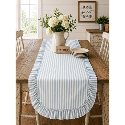 Chemin de table rayé bleu avec bordure à volants 16 po x 72 po - housse de table en mélange de coton