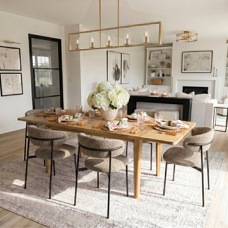 Modern 7-Piece Extendable Dining Set With Rectangular Wood Table And Upholstered Curved Back Chairs, Light Brown