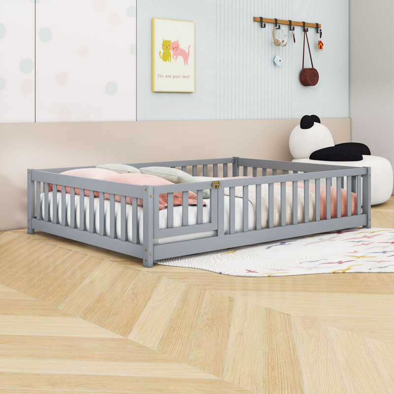 Lit en bois avec clôture, gris, Double
