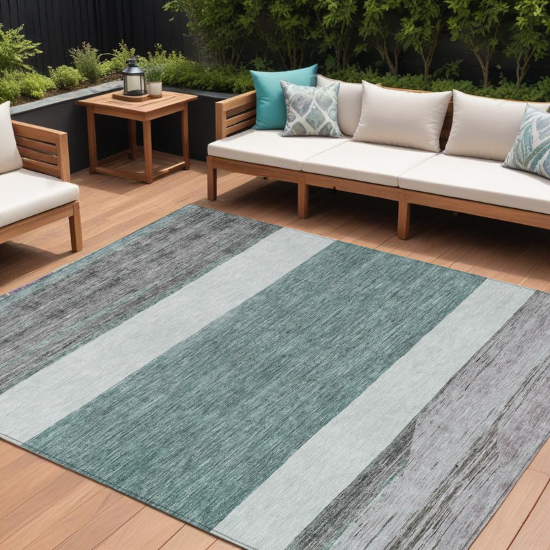 Tapis extérieur lavable abstrait bleu sarcelle 8 pi x 10 pi bleu sarcelle et gris