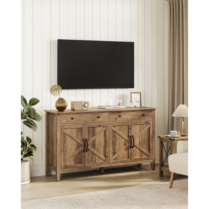 Farmhouse Sideboard With Adjustable Shelves And 2 Drawers For Kitchen, Honey Brown