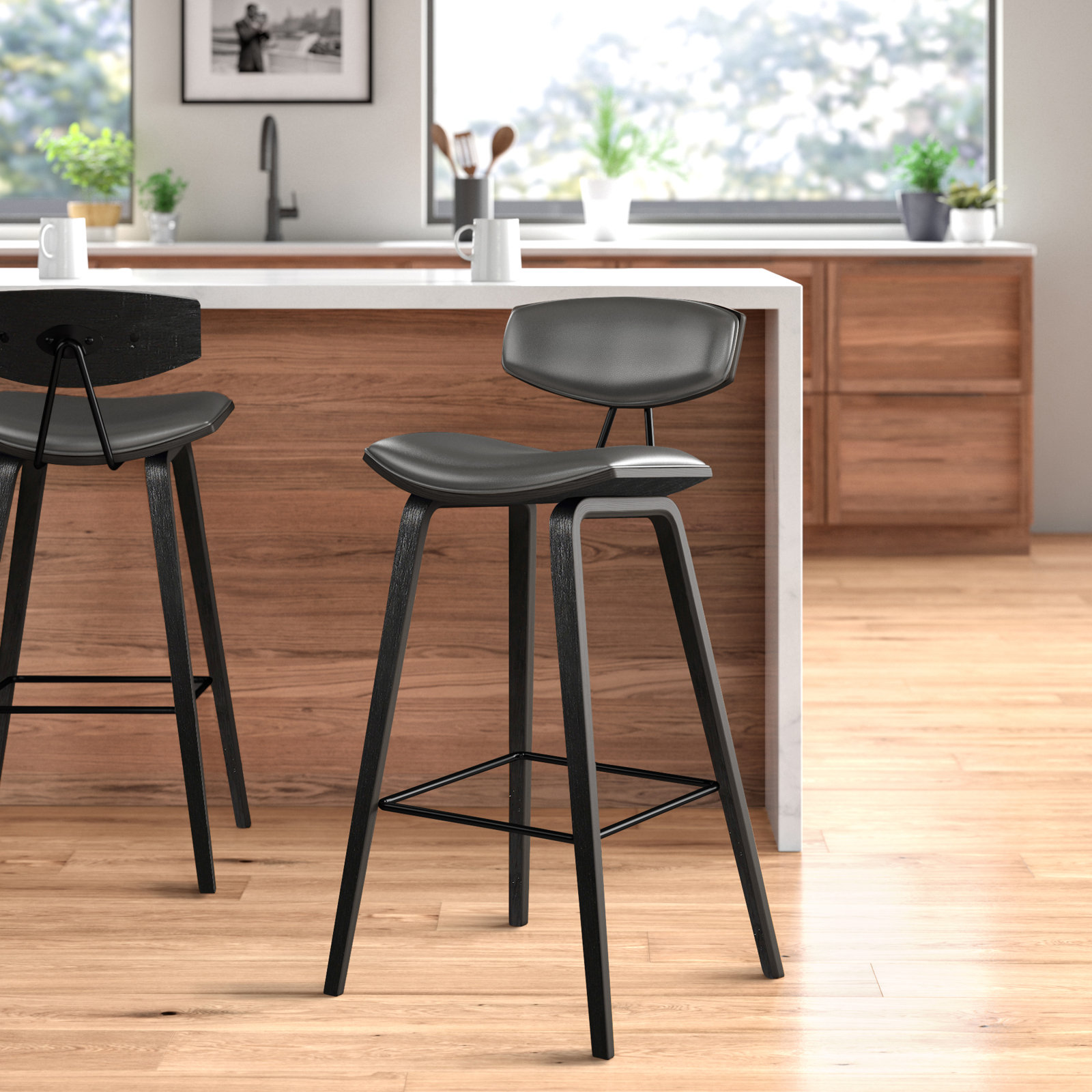 Bilgin Bar and Counter Stool, Counter Stool (26" Seat Height), Gray Faux Leather, Black
