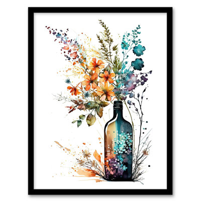 Wine Bottle Wildflowers Orange Blue Purple - Single Picture Frame Print