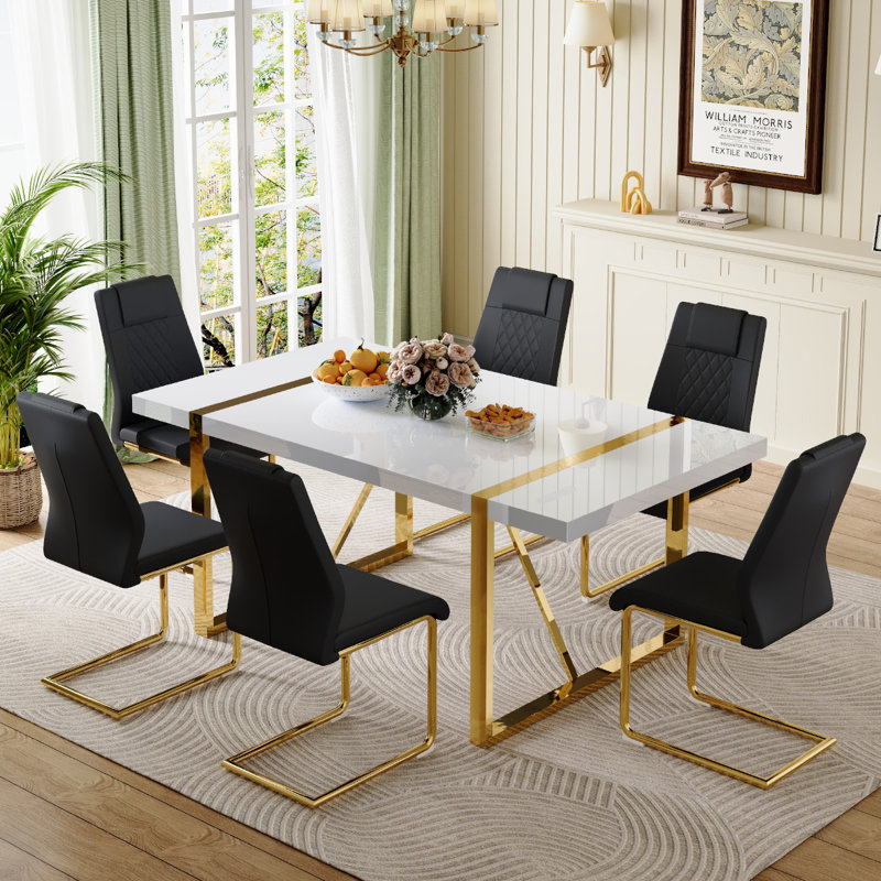 Ensemble de salle à manger rectangulaire pour 6 personnes, 6 chaises en similicuir de luxe, Doré, Noir et or