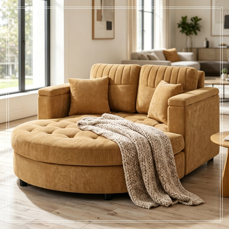 Chaise longue incurvée avec siège capitonné et coussins amovibles, Jaune