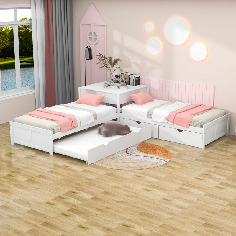 Twin Size L-Shaped Platform Bed with Trundle and Two Drawers, White